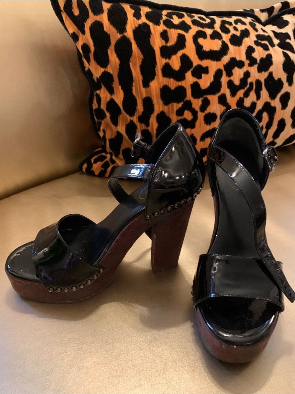 Vintage Prada Black Patent Platform Sandals with Wood Block Heel